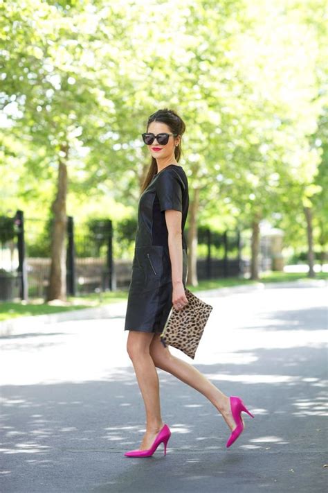 black dress colorful shoes|black dress with tan heels.